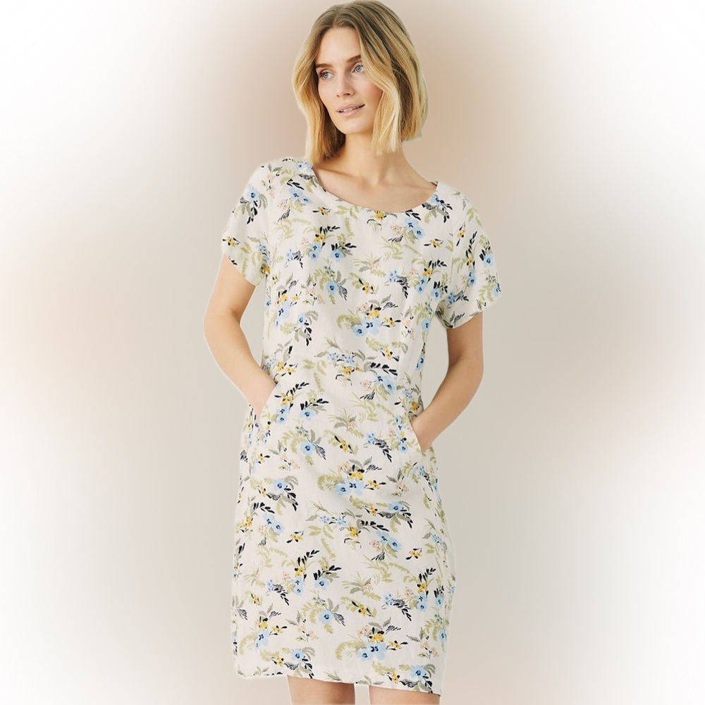 Part Two Indreas Dress Blue Leaf Bouquet Cottagecore Coastal Linen Blend EU 36